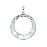 Round mother of pearl pendant in sterling silver with open circle design and ornate detailing, handcrafted artisan jewelry